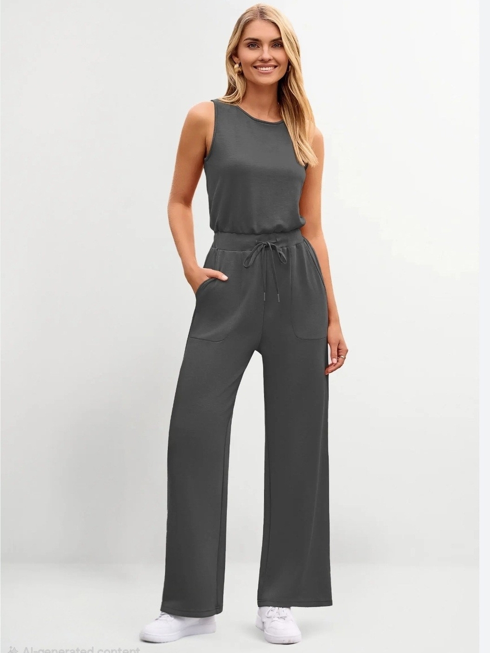 garment is a Spanx sleeveless wide-leg jumpsuit in a slate or dark grey color.